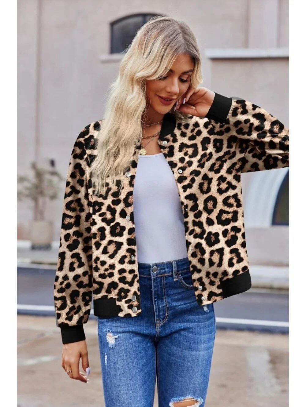 Women's Varsity Casual Button Down Spring Short Outfits with Pockets Leopard